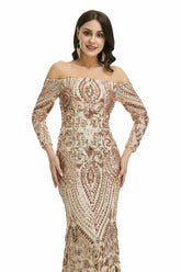 Rose Gold Off the Shoulder Maxi Fitted Gala Formal Evening Dress EN5009